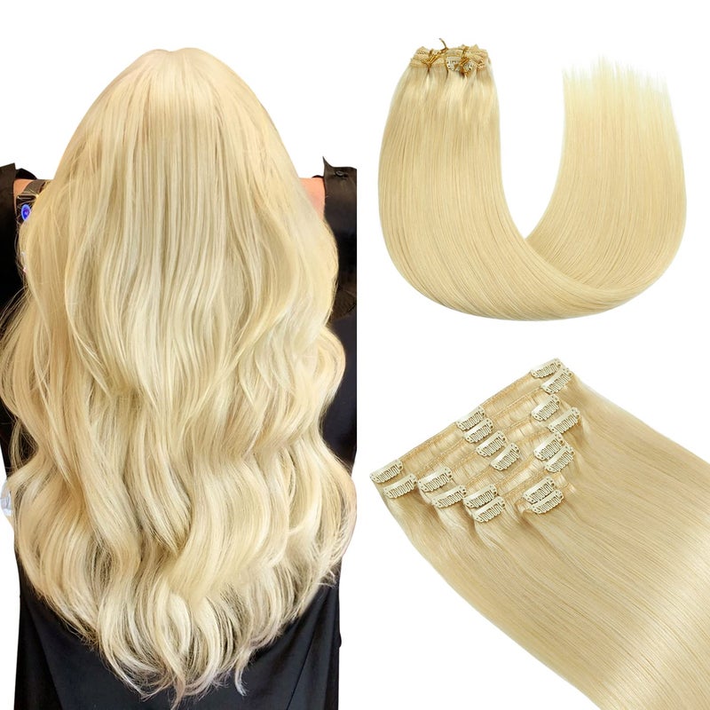 YILITE Clipin Hair Extensions  Real Human Hair Bleach Blonde 110Gram 8Pcs 18 Clip Full Head Double Weft Invisible Straight Remy Hair 14inches 613 Bleach Blonde